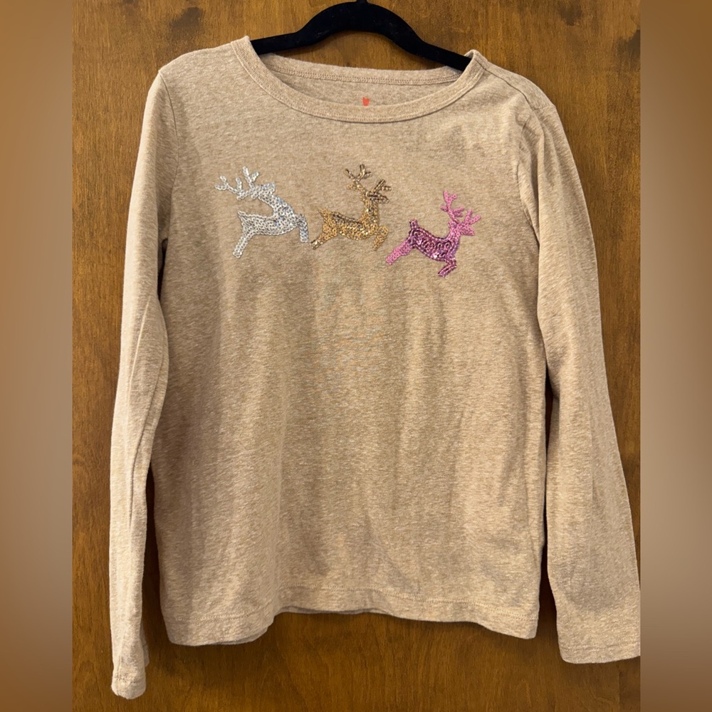 Crewcuts Tan Long Sleeve Shirt with Sequin Reindeer